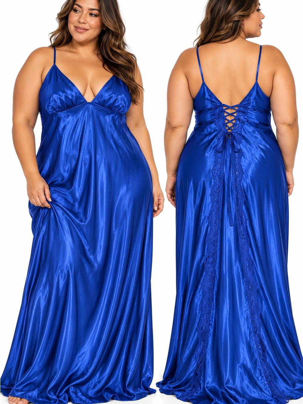 Vintage Y2K Blue Satin Lace-Up Plus Size Nightgown